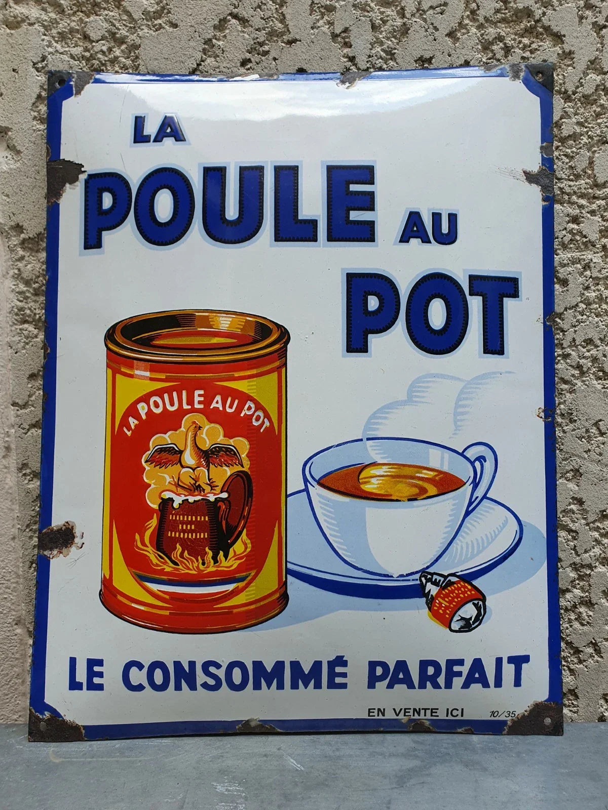 Plaque émaillée originale La Poule au Pot Blanche 1935