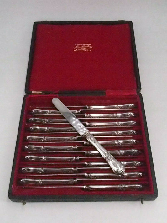 COFFRET 18 COUTEAUX A FRUITS TOUT ARGENT MASSIF POINCON MINERVE