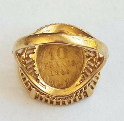 BAGUE CHEVALIÈRE OR 18 K PIECE 10 FRANCS OR NAPOLÉON III 1866
