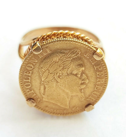 BAGUE CHEVALIÈRE OR 18 K PIECE 10 FRANCS OR NAPOLÉON III 1866