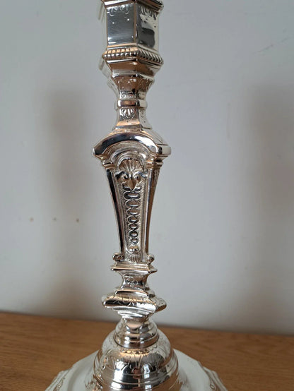 Magnifique Paire de bougeoirs Louis XIV bronze argenté
